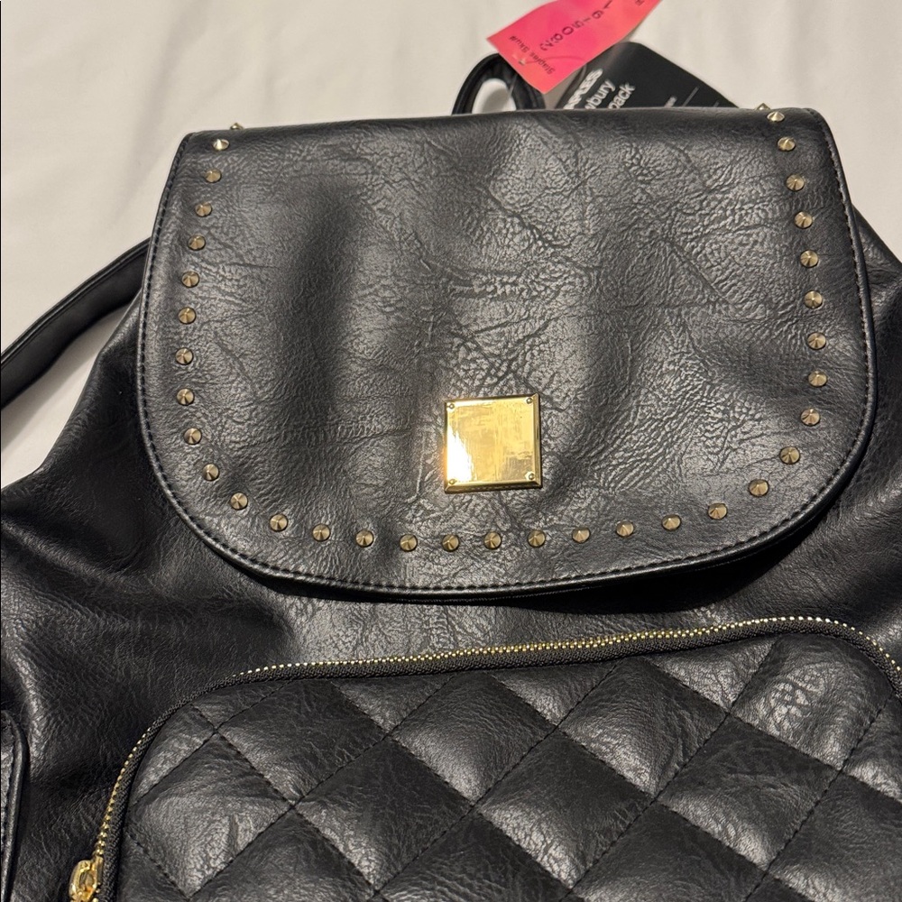 Black Vegan Leather with Gold Studs Backpack Rucksack NWT Multi-pocket - Picture 3 of 8